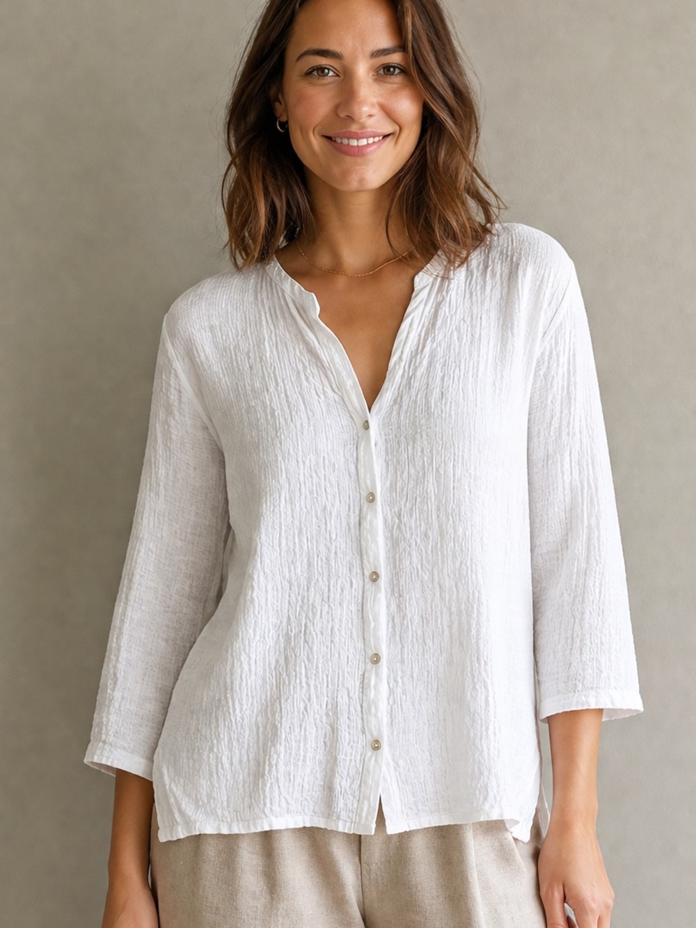Eileen Fisher Organic Cotton Gauze Button Front Shirt White Size L Coastal Boxy